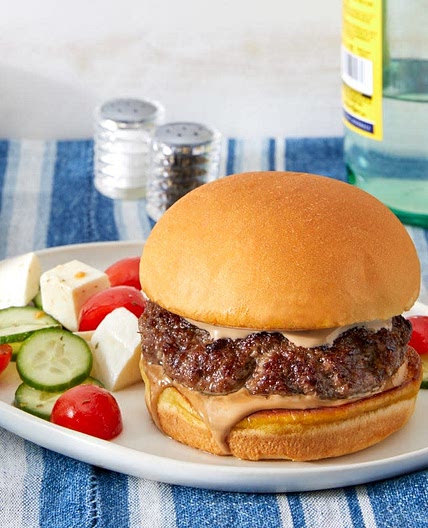 Balsamic Burgers with Mozzarella, Tomato, & Cucumber Salad