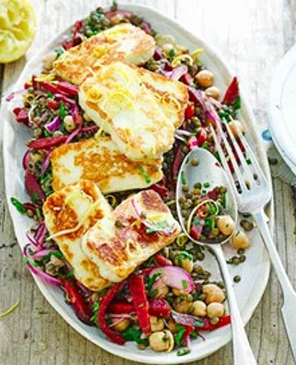Halloumi with lemony lentils, chickpeas & beets