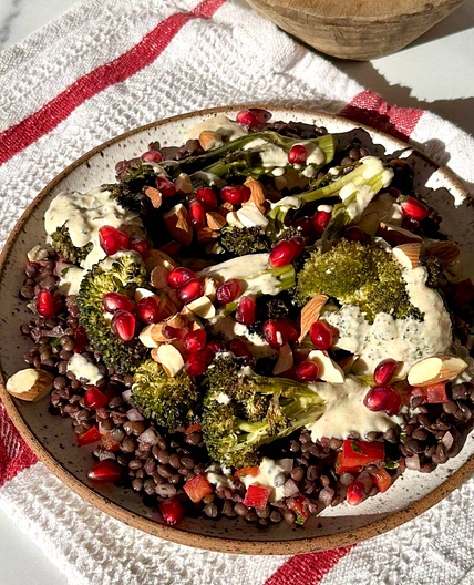 Roasted Broccoli with Lentil Salad and Tahini Sauce