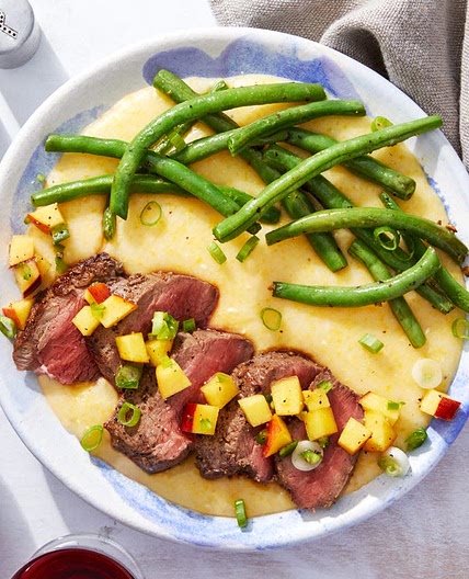 MasterChef Seared Steaks over Goat Cheese Polenta with Jalapeño-Peach Salsa