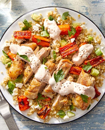 Greek-Inspired Chicken & Freekeh Salad with Sweet & Spicy Roasted Carrots
