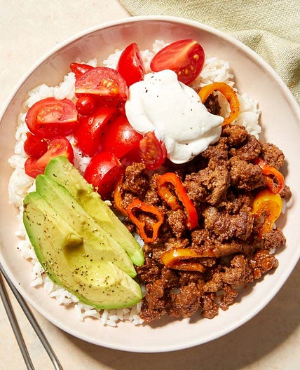 Ancho-BBQ Beef Bowls with Avocado, Marinated Tomatoes, & Sweet Peppers
