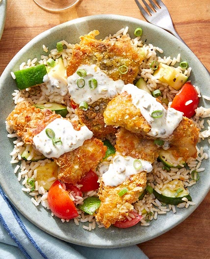 Crispy Spiced Fish & Caper Mayo with Brown Rice, Tomatoes, & Zucchini