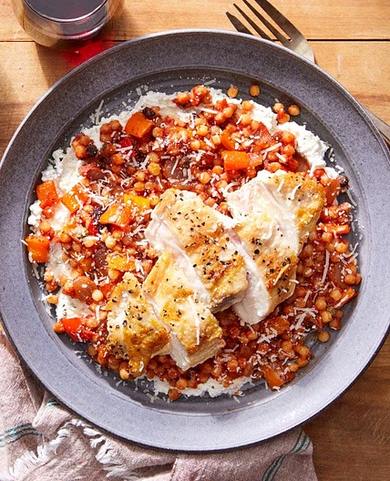Pan-Seared Chicken with Tomato-Olive Sauce & Seasoned Ricotta
