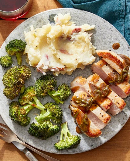 Pork Chops & Cheesy Mashed Potatoes with Maple-Sage Pan Sauce