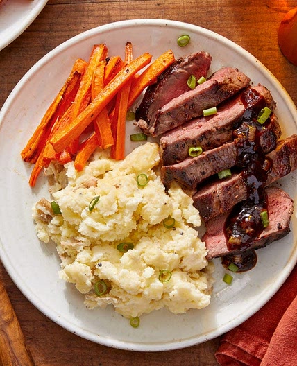 Seared Steaks & Mashed Potatoes with Roasted Carrots & Homemade Steak Sauce