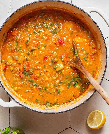 Vegan Vegetable Stew with Peas, Potatoes, and Red Bell Pepper