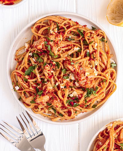 Harissa Pasta with Prawns