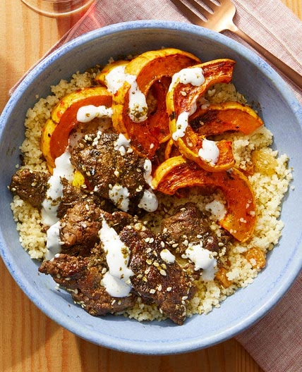 Spiced Beef & Couscous with Roasted-Harissa Squash