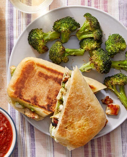 Turkey, Mozzarella, & Pesto Paninis with Roasted Broccoli