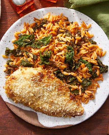 Creamy Mustard Baked Chicken with Kale & Tomato Orzo Pasta