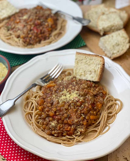 Slow Cooker Green Lentil Spaghetti Bolognese