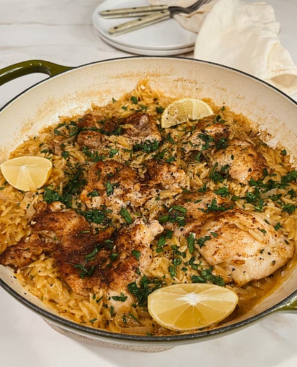 One Skillet Crispy Chicken Thighs & Creamy Lemon Garlic Orzo