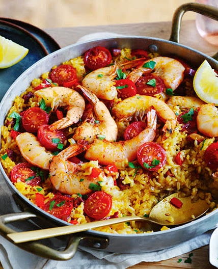 Smoky prawn and chorizo paella