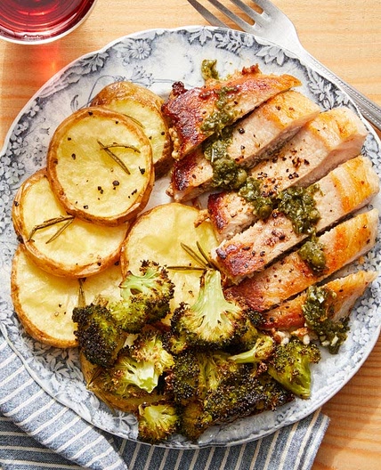 Pork Chops & Salsa Verde with Rosemary Roasted Potatoes