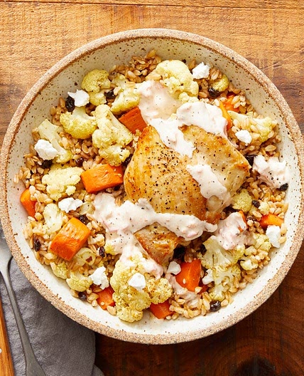 Seared Chicken Thighs & Creamy Pepper Sauce with Za'atar-Spiced Vegetables & Farro