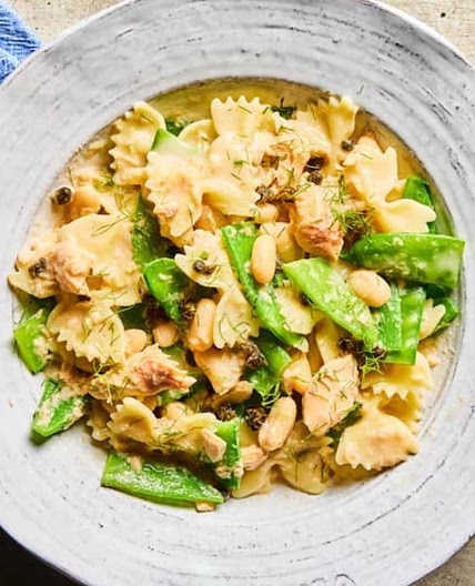 Farfalle, Cannellini Beans, Snow Peas, and Salmon