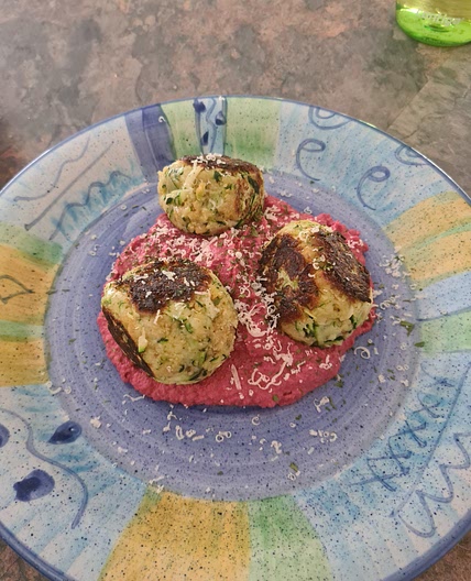 Zucchini Meatballs with Beetroot Hummus