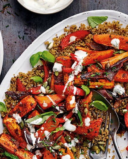 Steak with Harissa Yogurt Sauce and Roasted Root Vegetables