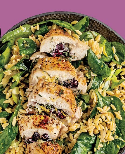 Saskatoon Berry And Brie Stuffed Chicken Breast Over Orzo Spinach Salad