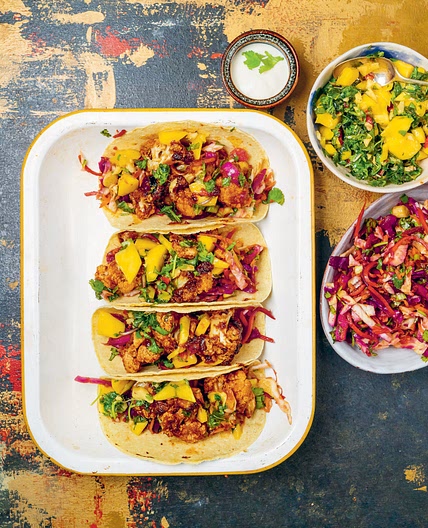 Roasted Cauliflower Tacos and Zingy Ginger Salsa and Avocado