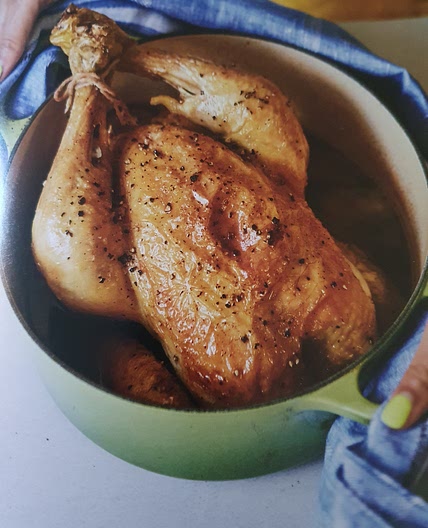 Roast chicken with beer butter onions
