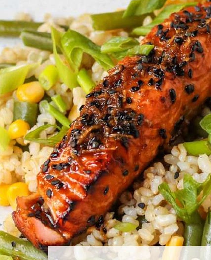 SALMON TERIYAKI WITH GREEN BEANS & SWEETCORN RICE