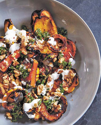 Roasted Squash with Yogurt, Walnuts, and Spiced Green Sauce