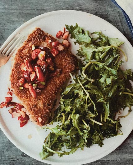 Port Tonkatsu with Yuzu Cherry Salsa and Mizuna