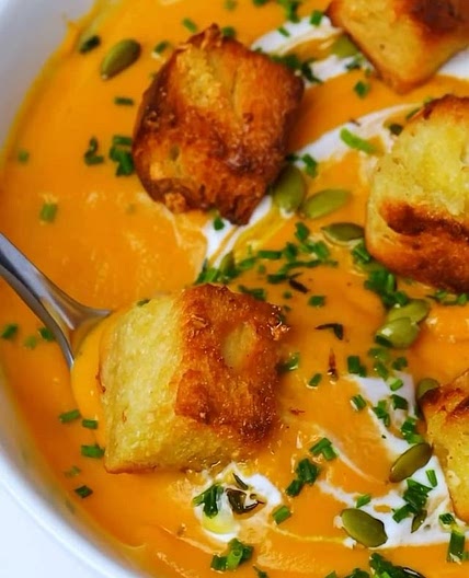 Sweet Potato Carrot Soup with Garlic Croutons