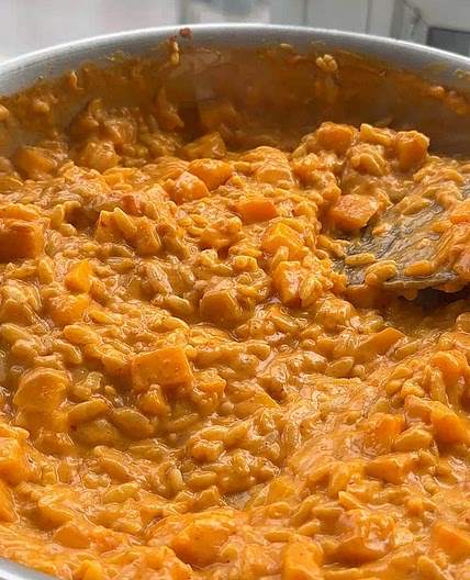 Red Curry Butternut Squash Orzo with Tofu Katsu