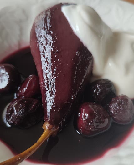 Red Wine Poached Pear with Cherries (Vegetarian)