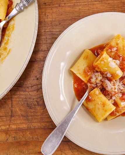 Paccheri all'Amatriciana: Pasta with Bacon and Onion Sauce