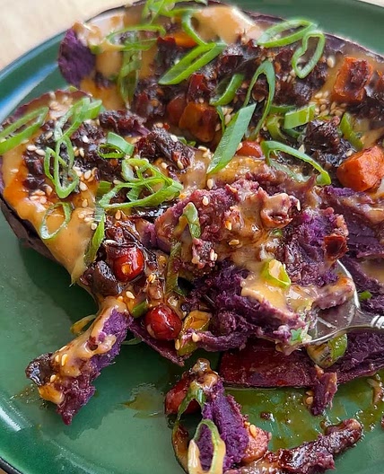 Sesame Miso Purple Sweet Potato with Chili Crisp
