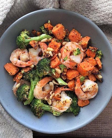 Greek Shrimp Bowl with Roasted Sweet Potatoes and Broccoli