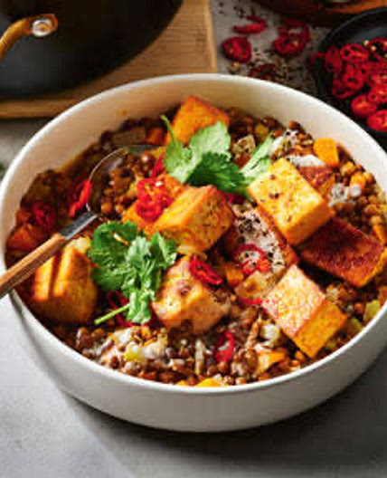 Harissa Tofu with Warm Lentils