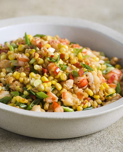Corn w/ Shrimp, Chilies & Scallions