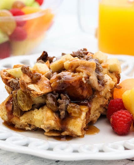Apple and Sausage French Toast Casserole with Cinnamon Syrup