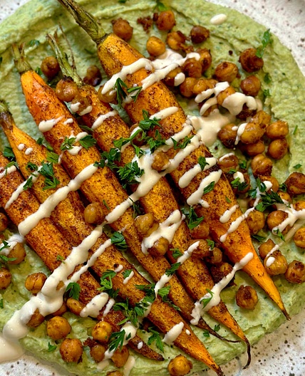 Sumac Roasted Carrots with White Bean Carrot Top Dip