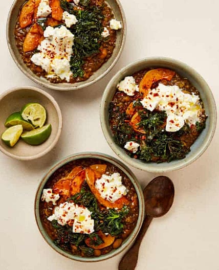 Lentils with roast butternut squash and feta yoghurt