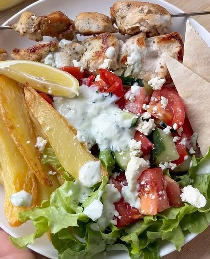 Day 4 Greek chicken kebabs with garlic potatoes and pita