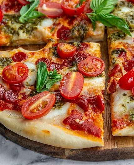 Pepperoni and Burrata Pizza with Pesto