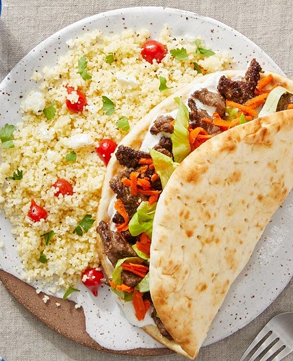 Za'atar Beef & Tzatziki Pitas with Couscous, Goat Cheese, & Pickled Peppers