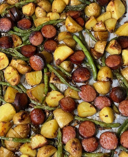 Sheet Pan Smoked Sausages, Green Beans and Potatoes