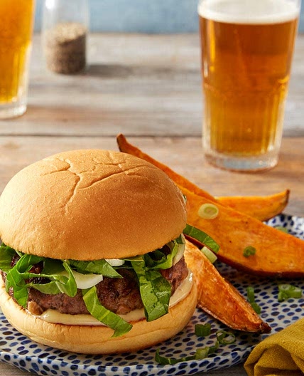 Shiitake & Hoisin Beef Burgers with Miso Mayonnaise & Roasted Sweet Potatoes