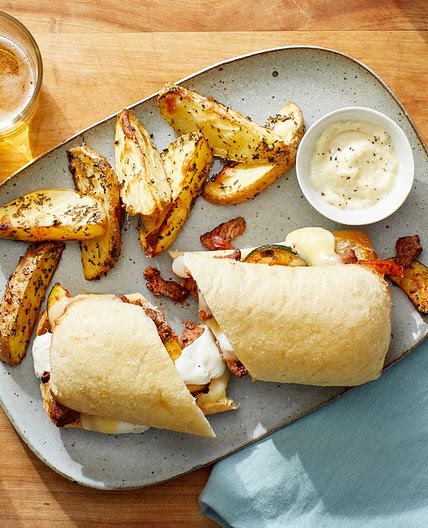 Italian Beef & Cheese Sandwiches with Roasted Potato Wedges & Garlic Mayo