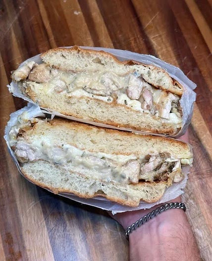 Herbed Roast Chicken Sandwich with Blue Cheese Sauce and Mo