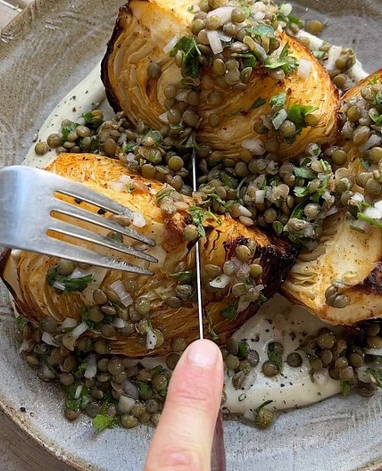 Roasted White Cabbage with a lentil Chimichurri 
