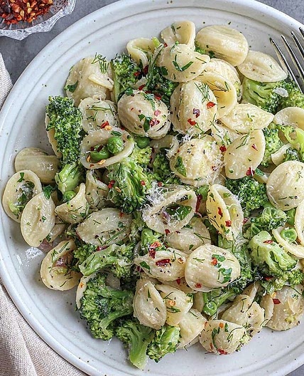 Creamy Orecchiette with Broccoli, Peas &amp; Herbs by
