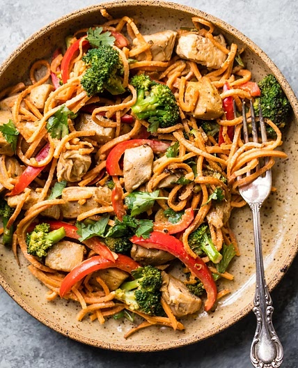 Thai Basil Chicken Stir-Fry with Sweet Potato Noodles